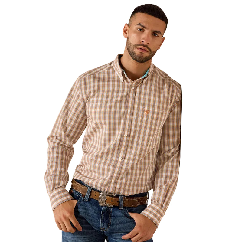 Men's Ariat Golden Oak Plaid Wrinkle Free Ayden Fitted Shirt 10071756