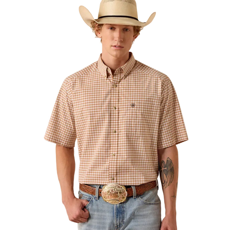 Men's Ariat Almond Oil Mini Plaid Pro Series Niles Classic Fit Shirt 10073609