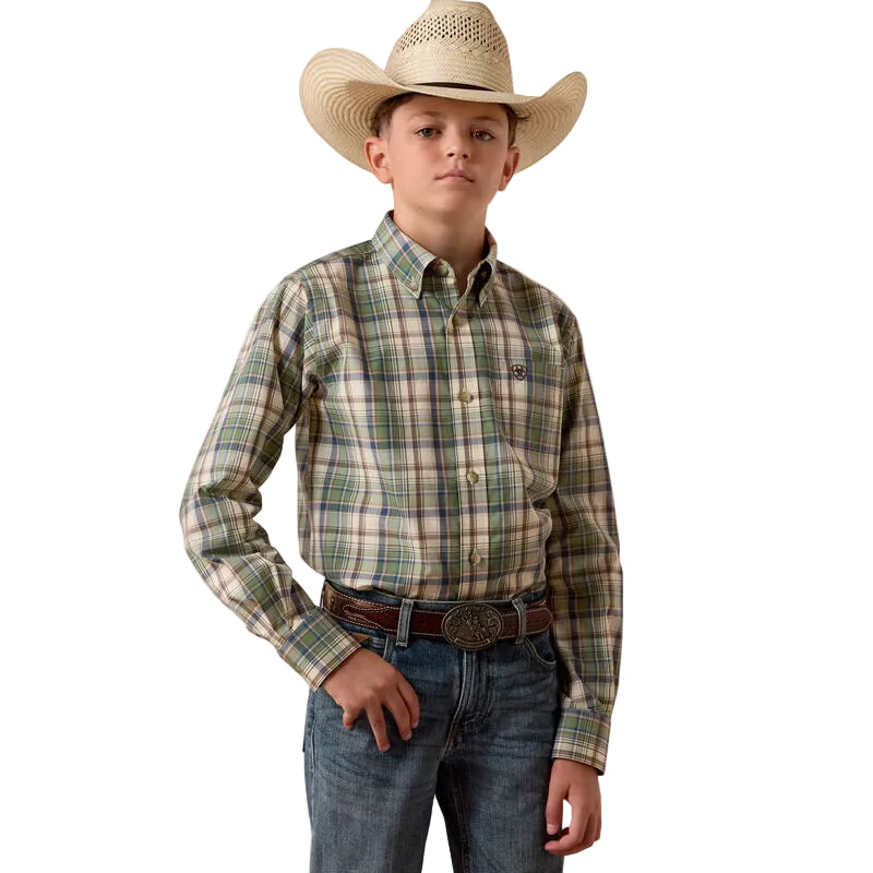 Boy's Ariat Bronze Green Plaid Pro Series Sebastian Shirt 10073634