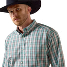 Men's Ariat Blue Turquoise Plaid Wrinkle Free Wolfe Classic Fit Shirt 10073686