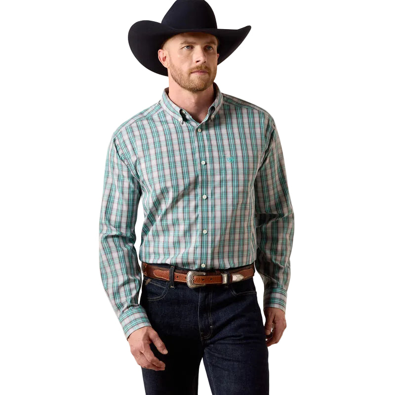Men's Ariat Blue Turquoise Plaid Wrinkle Free Wolfe Classic Fit Shirt 10073686
