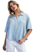 ee:some Women's Denim Solid Button Down Short Sleeve Blouse 