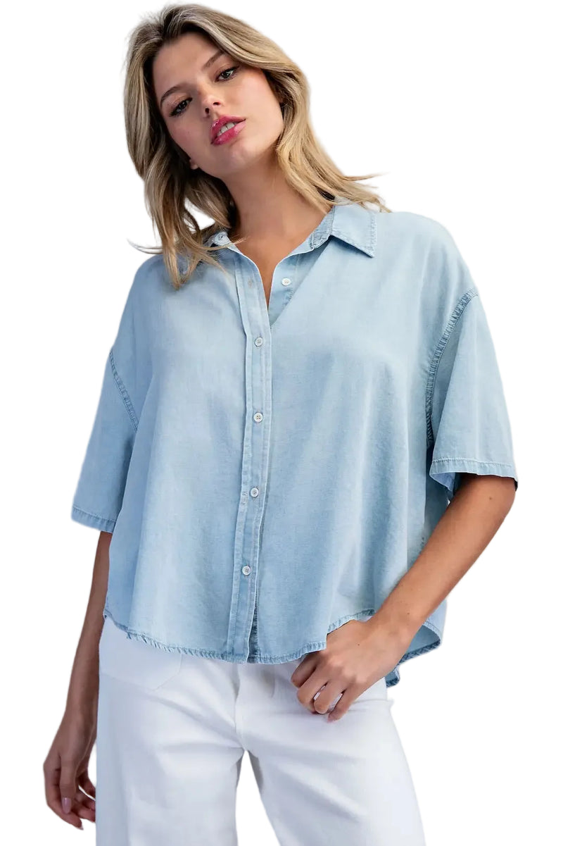 ee:some Women's Denim Solid Button Down Short Sleeve Blouse 