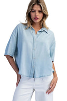 ee:some Women's Denim Solid Button Down Short Sleeve Blouse 