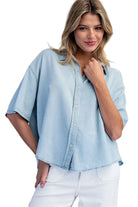 ee:some Women's Denim Solid Button Down Short Sleeve Blouse 