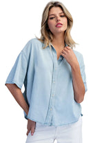 ee:some Women's Denim Solid Button Down Short Sleeve Blouse 