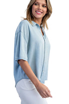 ee:some Women's Denim Solid Button Down Short Sleeve Blouse 