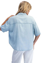 ee:some Women's Denim Solid Button Down Short Sleeve Blouse 