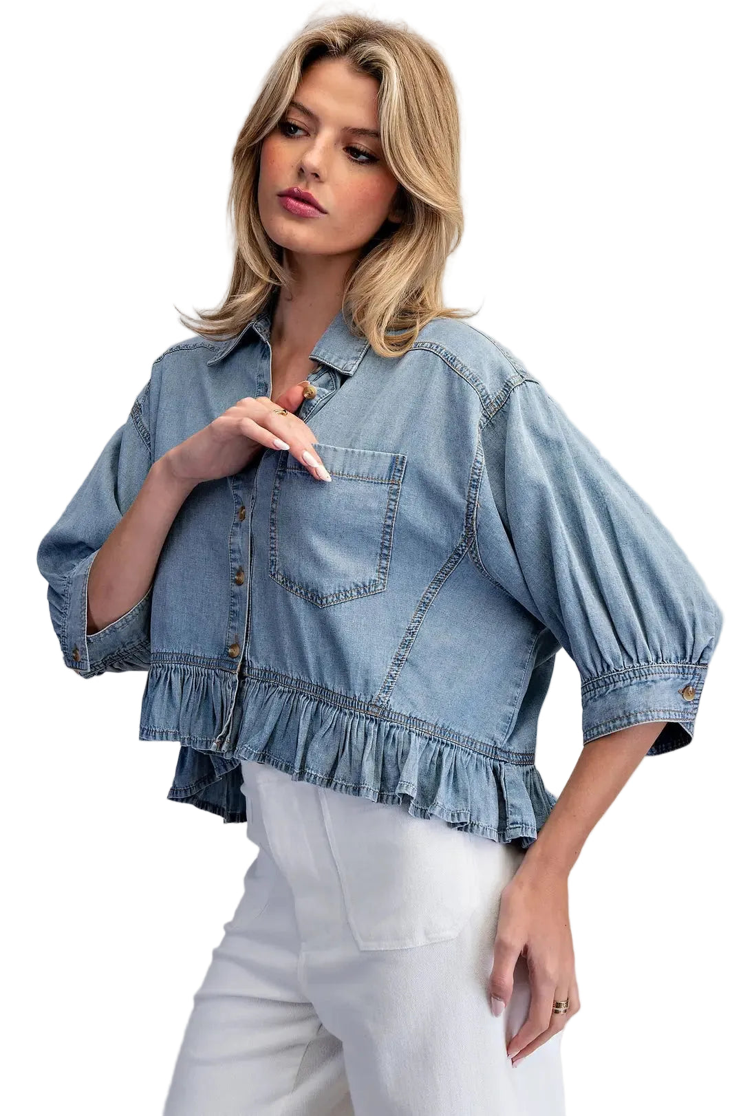 ee:some Women's Denim Ruffled Hem Button Down Top 