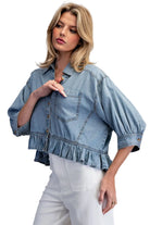 ee:some Women's Denim Ruffled Hem Button Down Top 