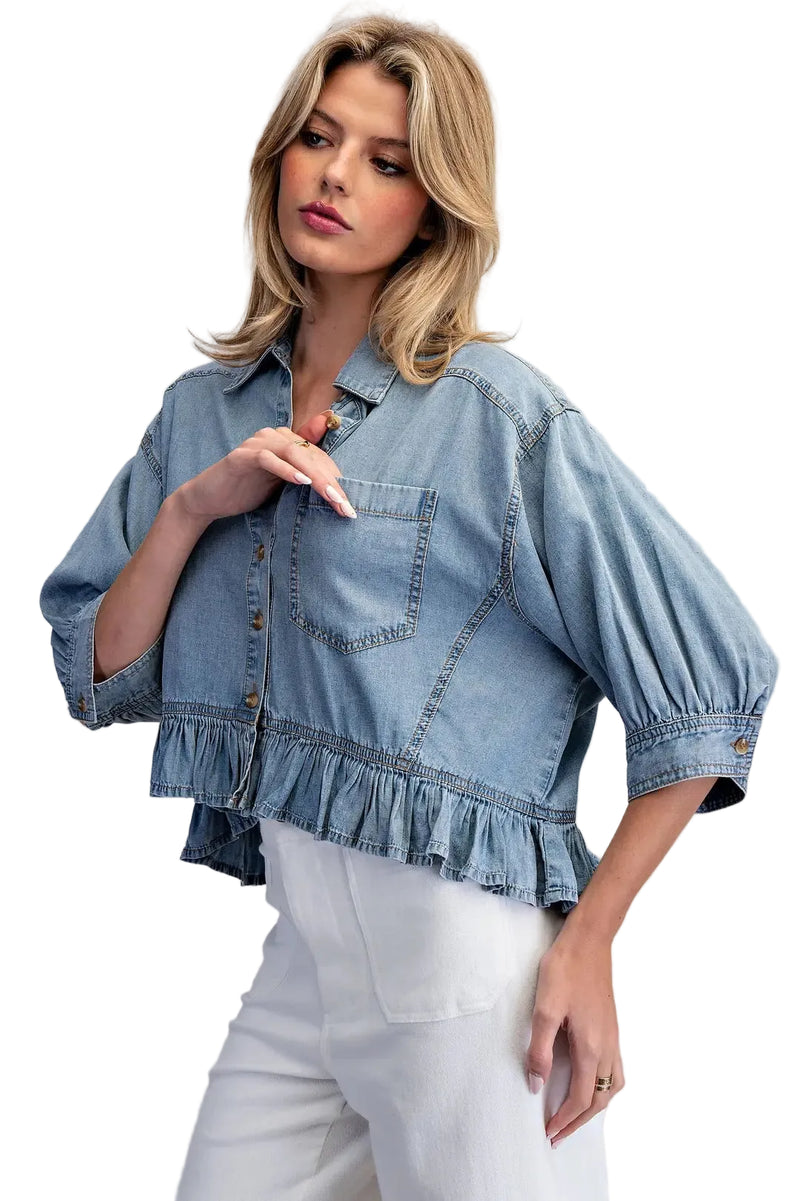ee:some Women's Denim Ruffled Hem Button Down Top 