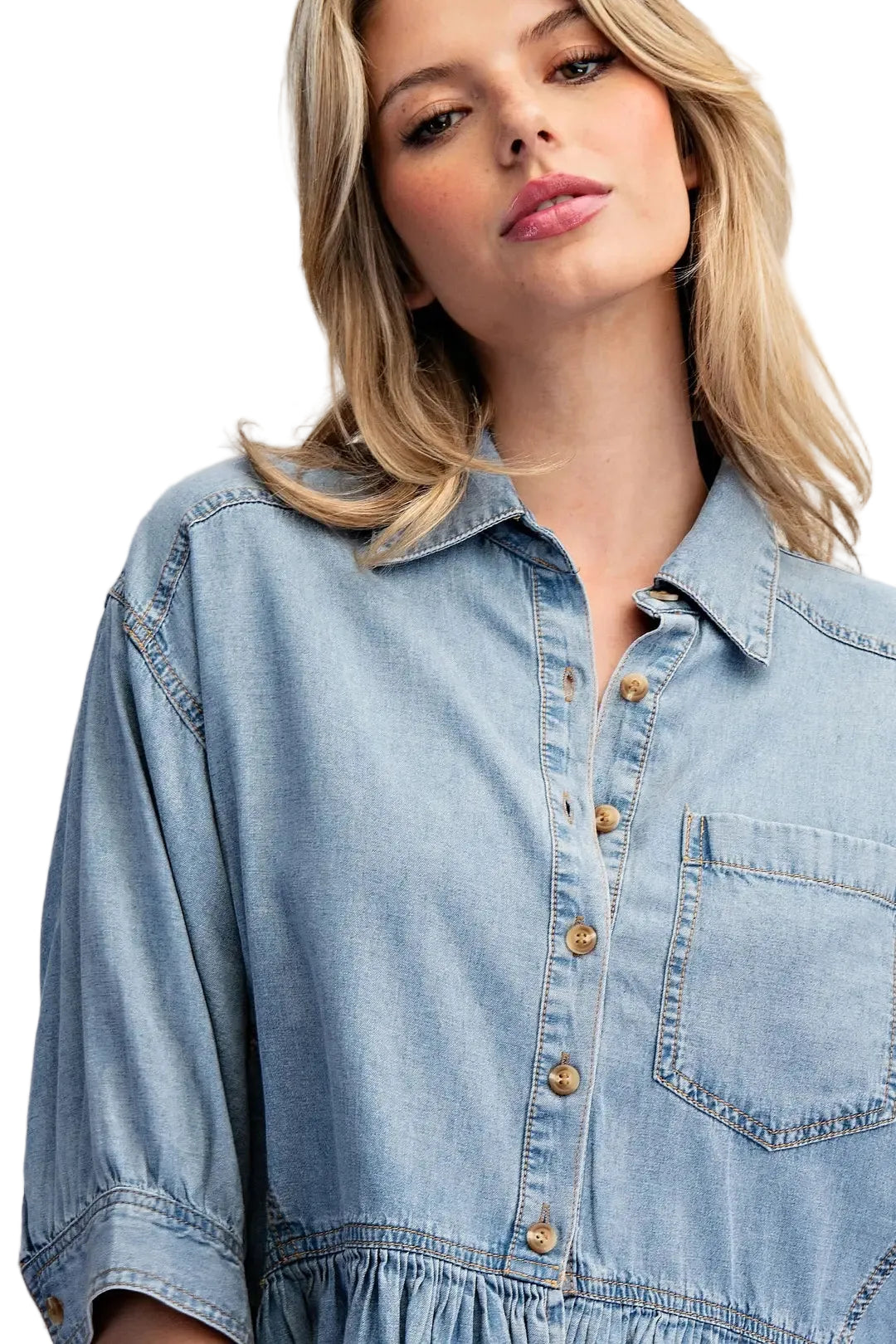 ee:some Women's Denim Ruffled Hem Button Down Top 