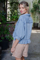ee:some Women's Denim Ruffled Hem Button Down Top 