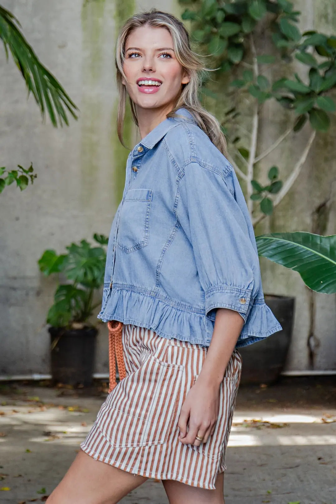 ee:some Women's Denim Ruffled Hem Button Down Top 