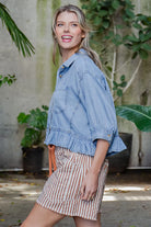 ee:some Women's Denim Ruffled Hem Button Down Top 