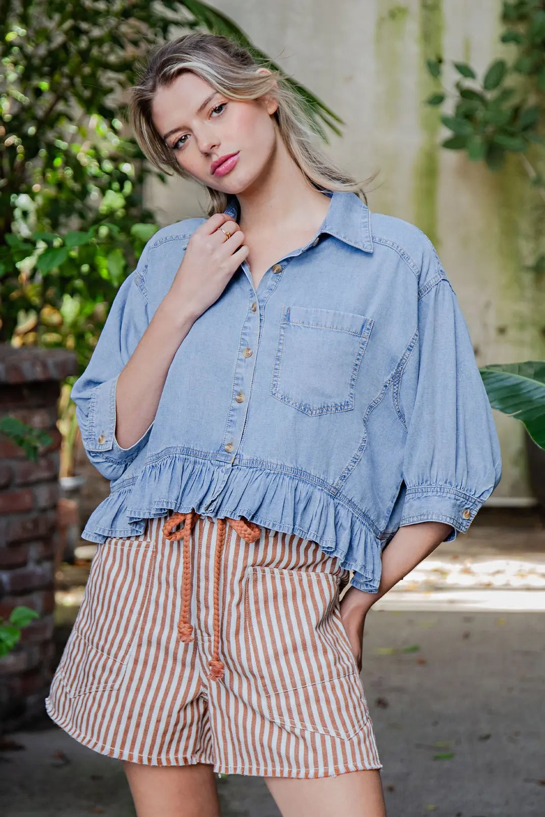 ee:some Women's Denim Ruffled Hem Button Down Top 