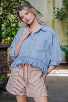 ee:some Women's Denim Ruffled Hem Button Down Top 