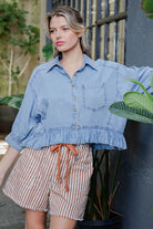 ee:some Women's Denim Ruffled Hem Button Down Top 