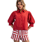 Women's ee:some Red Solid Puff Sleeve Button Down Shirt TH15580