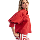 Women's ee:some Red Solid Puff Sleeve Button Down Shirt TH15580