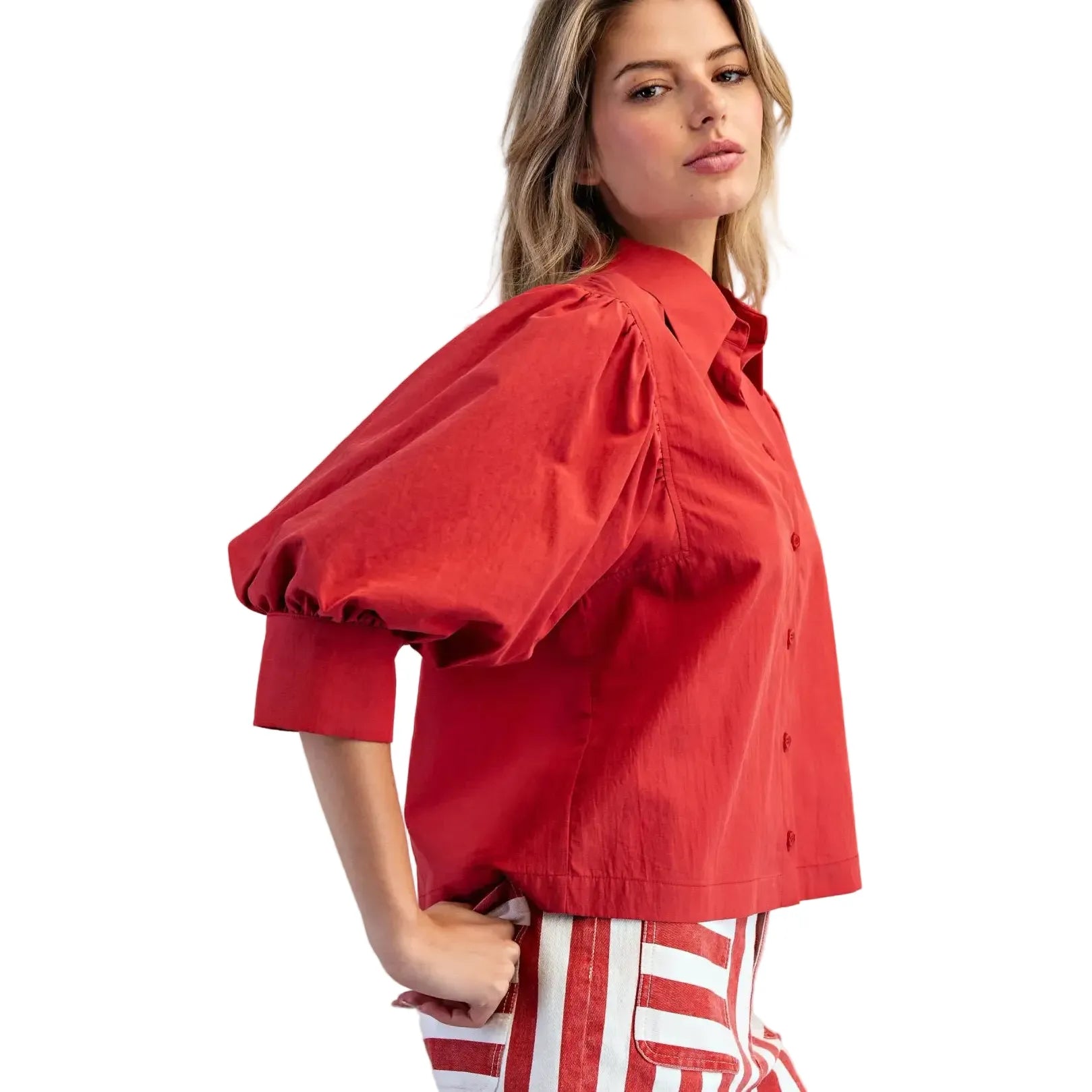 Women's ee:some Red Solid Puff Sleeve Button Down Shirt TH15580