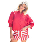 Women's ee:some Red Solid Puff Sleeve Button Down Shirt TH15580