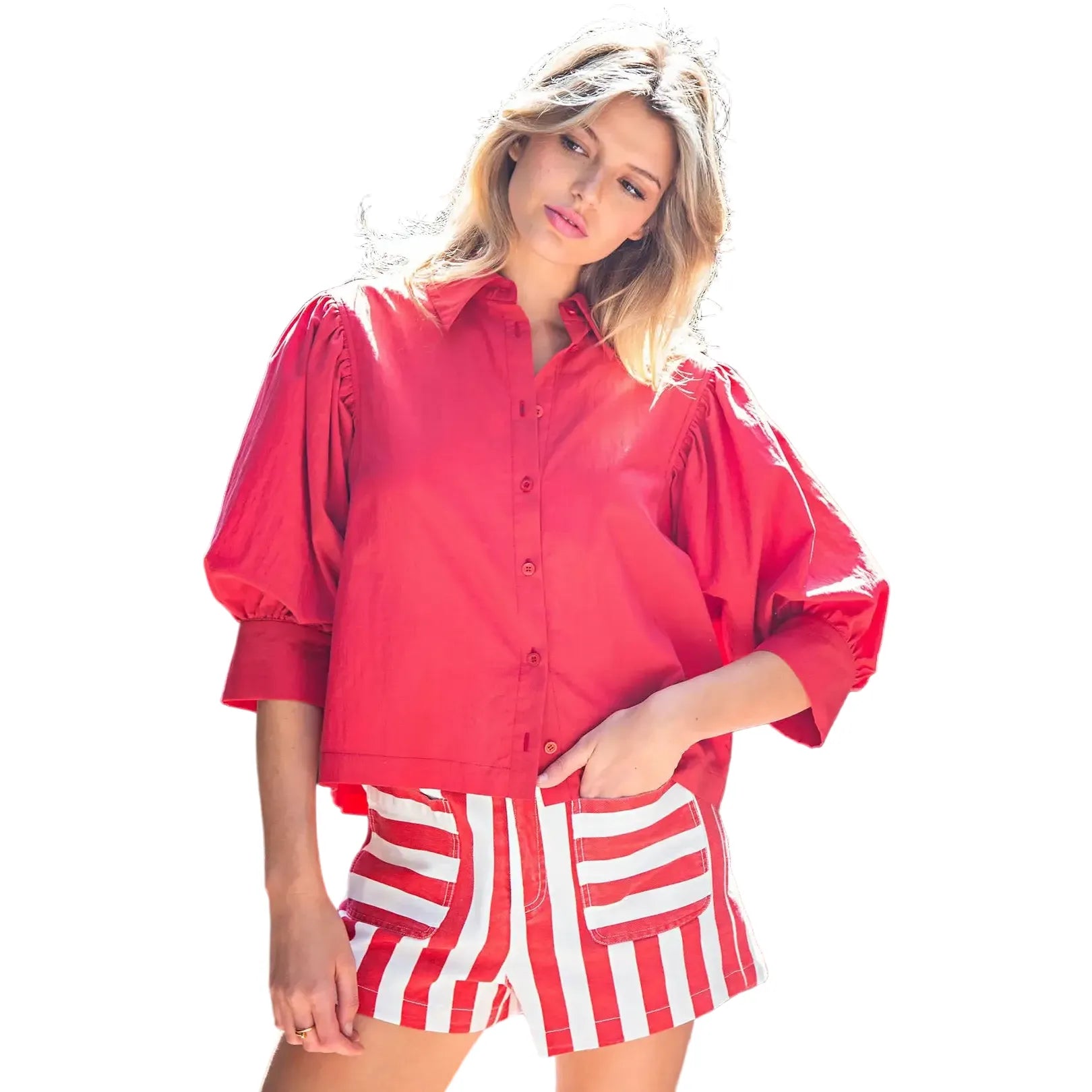 Women's ee:some Red Solid Puff Sleeve Button Down Shirt TH15580