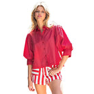 Women's ee:some Red Solid Puff Sleeve Button Down Shirt TH15580