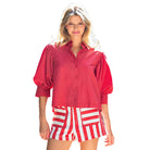 Women's ee:some Red Solid Puff Sleeve Button Down Shirt TH15580