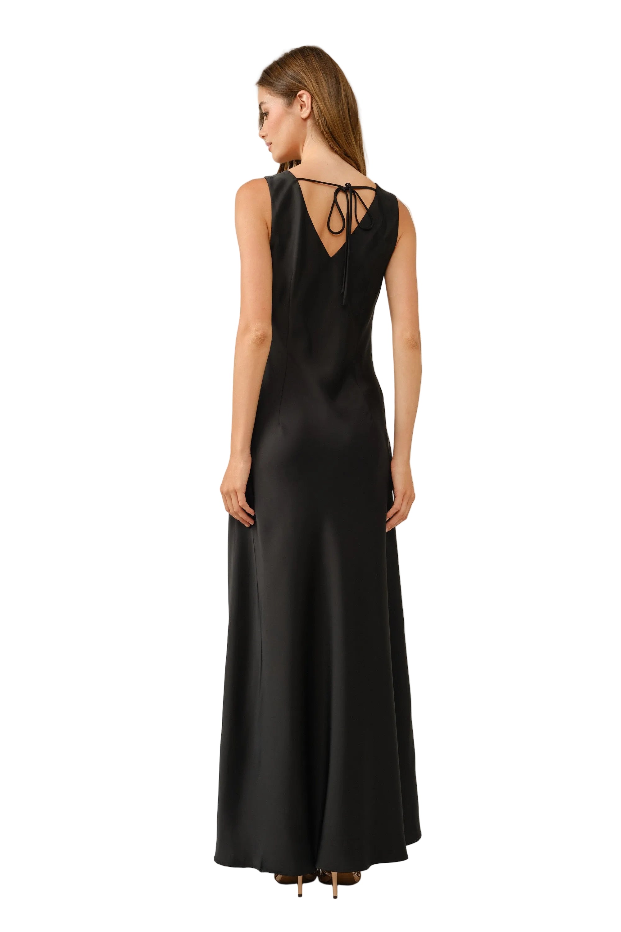 Women's Black Satin Cowl Neck Knot Detail Maxi Dress