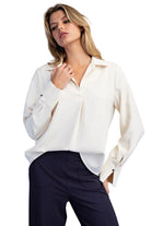 ee:some Women's Bone Solid Collared V-neck Blouse 