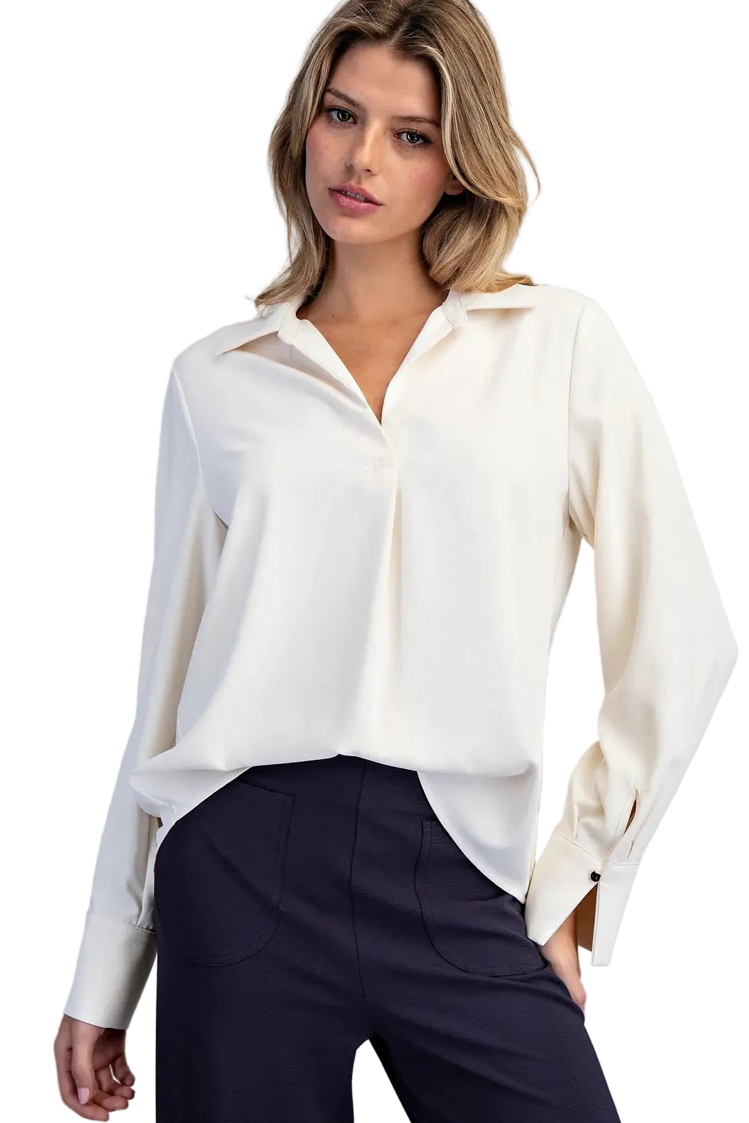ee:some Women's Bone Solid Collared V-neck Blouse 