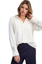 ee:some Women's Bone Solid Collared V-neck Blouse 
