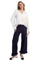 ee:some Women's Bone Solid Collared V-neck Blouse 