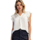 Women's ee:some Pearl White V-neck Flutter Sleeve Blouse TK16071-PEARL