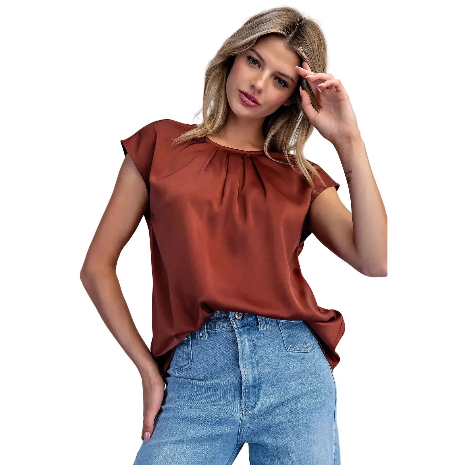 Women's ee:some Bronze Round Neck Pleated Blouse TK16393-BRNZE