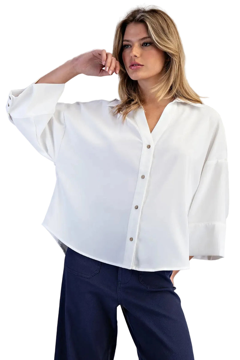 ee:some Women's Off White Button Down Pleated Back Blouse 