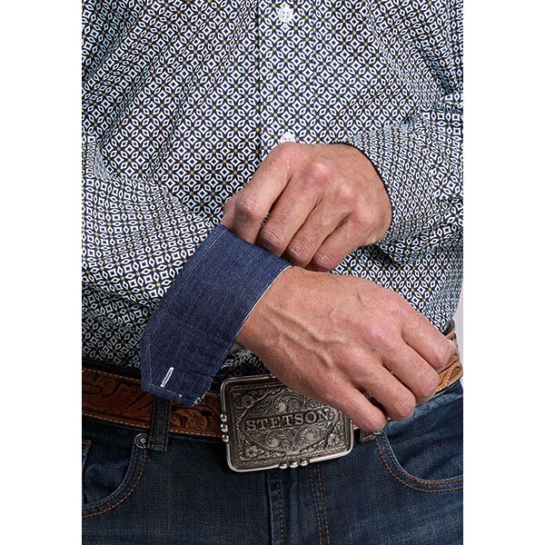 Men's Stetson Blue Navy Geo Print Long Sleeve Button Down Shirt 11-001-0526-2008