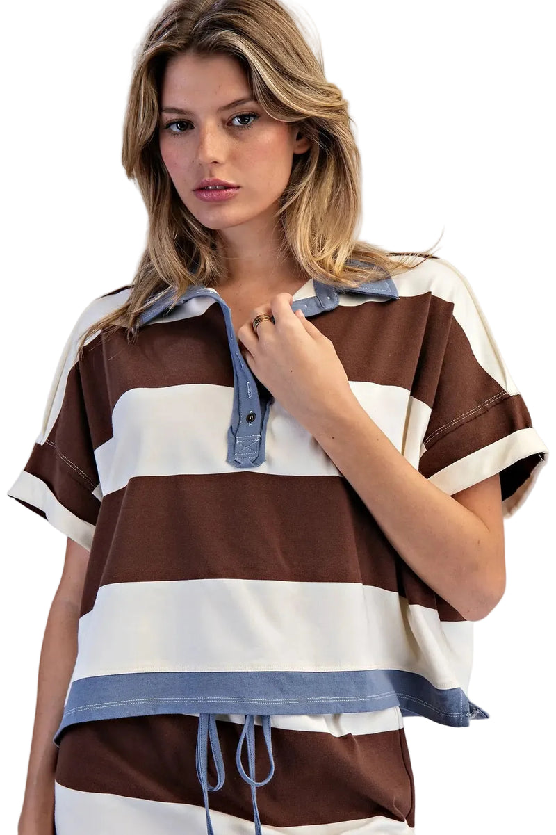 ee:some Women's Coco Enzyme Washed Striped Polo Top 