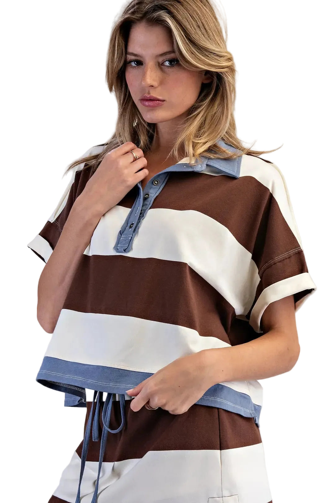 ee:some Women's Coco Enzyme Washed Striped Polo Top 