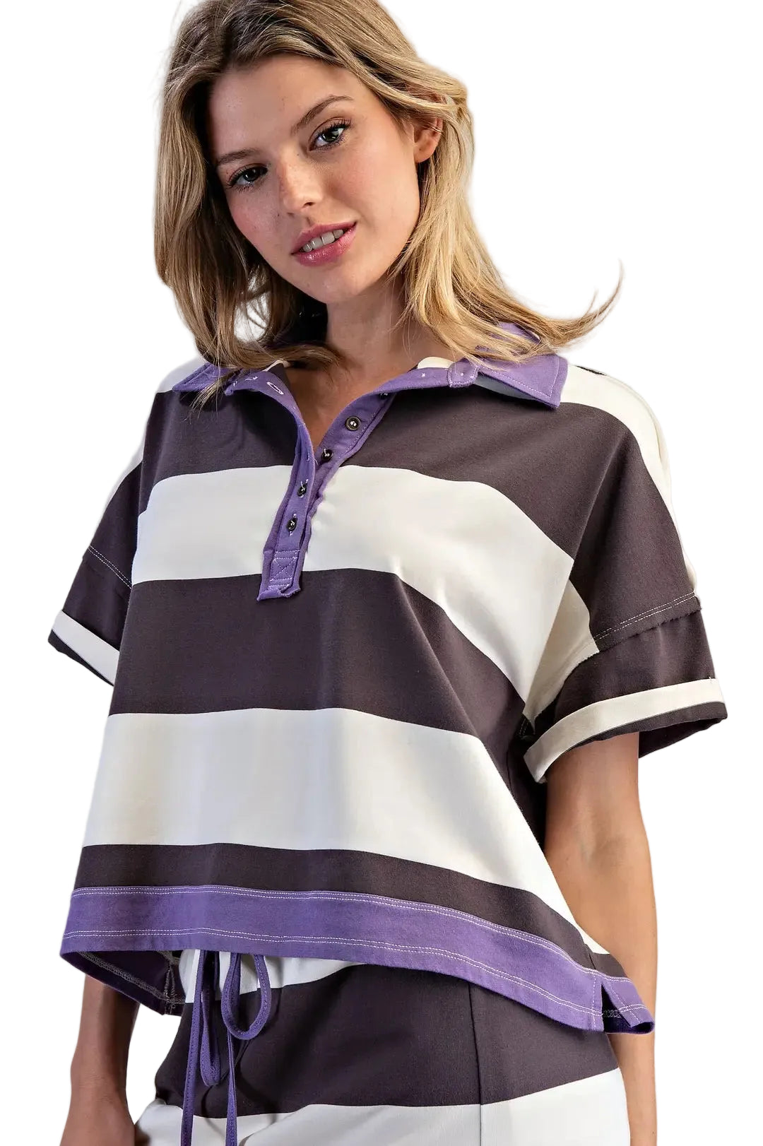 ee:some Women's Enzyme Washed Striped Polo Top