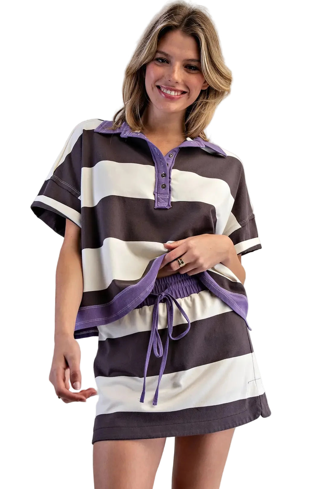 ee:some Women's Enzyme Washed Striped Polo Top