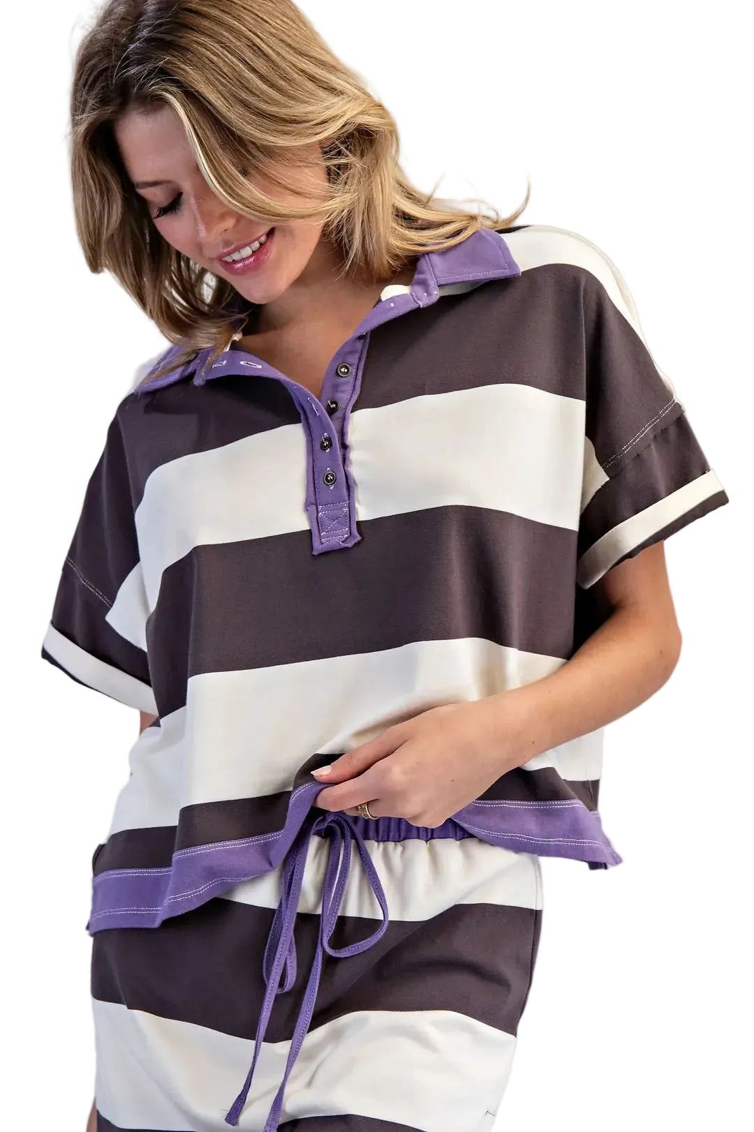 ee:some Women's Enzyme Washed Striped Polo Top