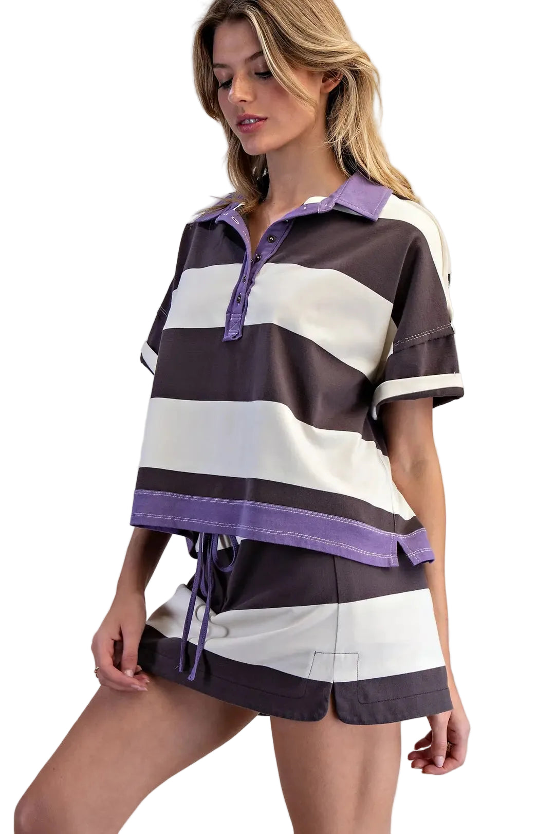 ee:some Women's Enzyme Washed Striped Polo Top