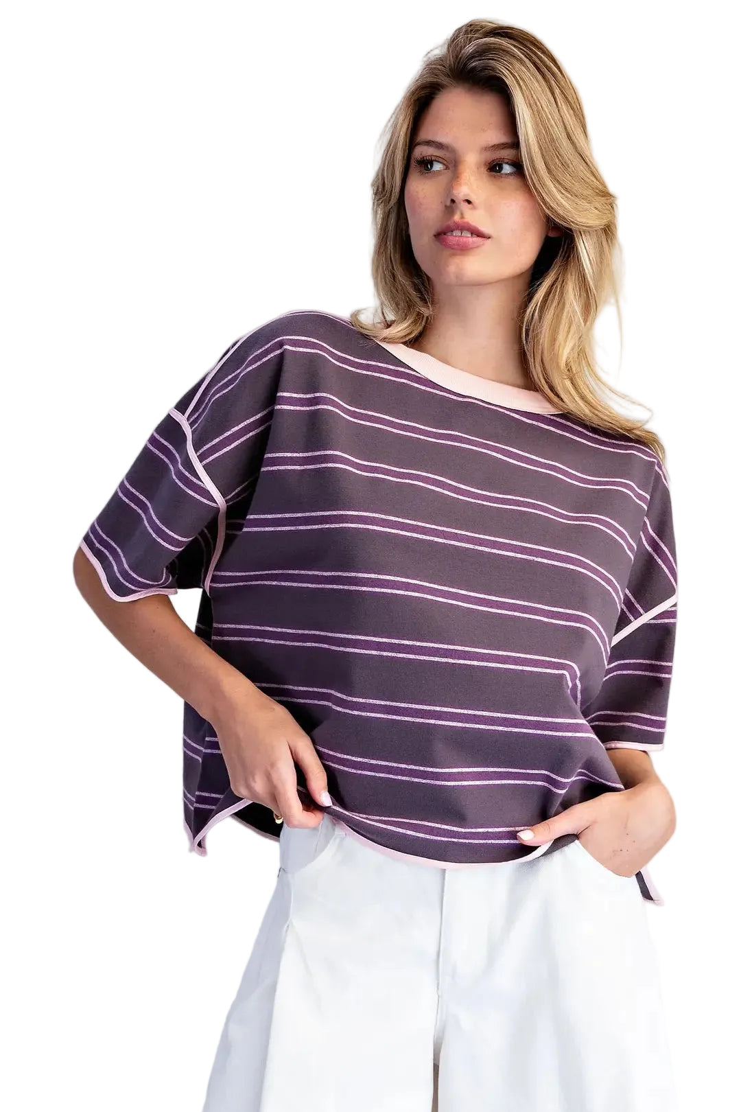 ee:some Women's Plum Jam Soft Washed Striped Boxy Top 