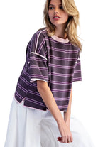 ee:some Women's Plum Jam Soft Washed Striped Boxy Top 