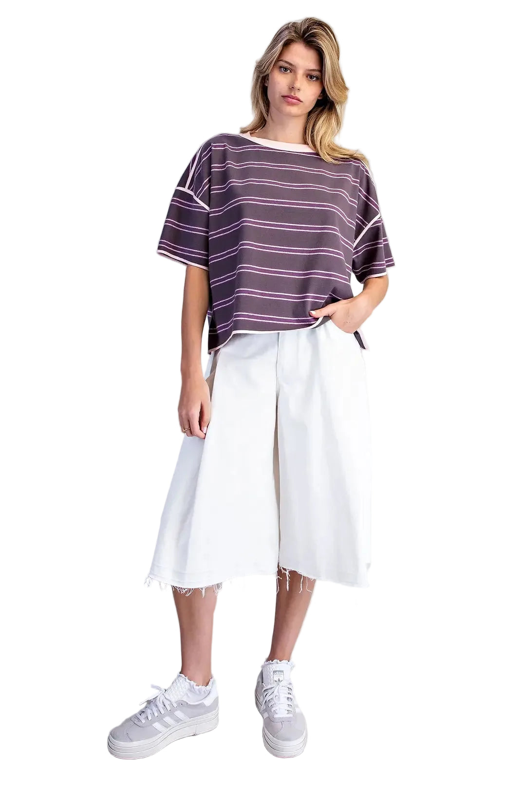 ee:some Women's Plum Jam Soft Washed Striped Boxy Top 