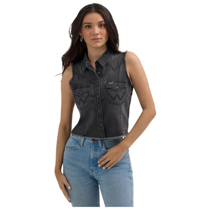 Women's Wrangler Frayed Denim Crop Western Snap Tank 112362281 - Crazy House Western Wear