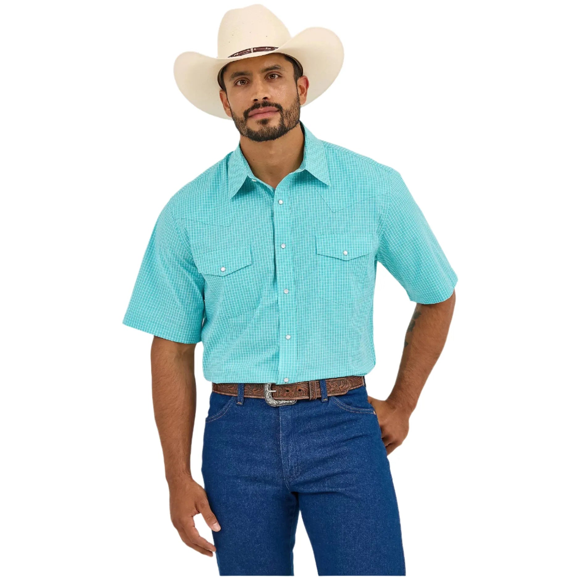 Men's Wrangler Wrinkle Resist Short Sleeve Western Snap Plaid Shirt 112365853 - Crazy House Western Wear