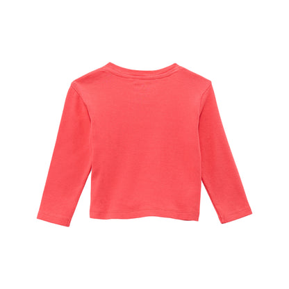 Back view of a red long-sleeve shirt on a white background